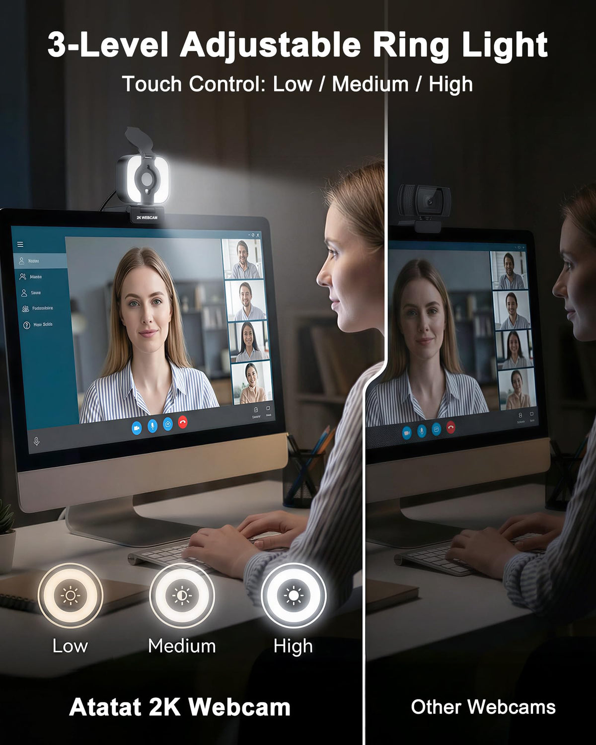 Atatat 2K Webcam for PC with Microphone & Light & Privacy Cover, Web Camera for Desktop/Laptop/Monitor/Mac, Autofocus USB Computer Camera for Zoom/Skype/Teams/Video Calling/Meeting/Streaming