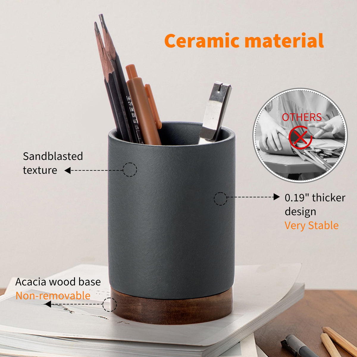 Pen Holder for Desk, Ceramic Pencil Organizer & Makeup Brush Holder, Office Decor and Desk Accessories，Perfect Office Organization,Teacher Supplies (Dark Grey, Set / 2)