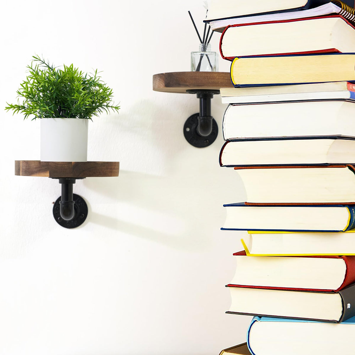Un-OPENED BOX Round Wooden Floating Shelves Wall Mounted (Set of 2). Made of Acacia Wood. Industrial Pipe Brackets. A Unique Rustic Pedestal for Plants and Ornaments. Diameter 7.1 inches.