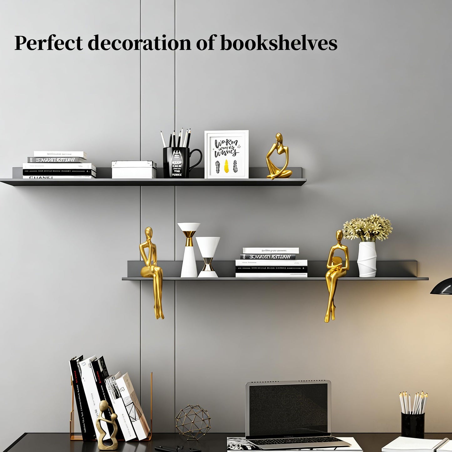 Prettidecor Gold Home Decor Thinker Statue Accents, Set of 3 Thinker Sculptures Office Decor Modern Abstract Resin Decoration on Shelf Table Desk for Living Room Office Bedroom (Large Gold)