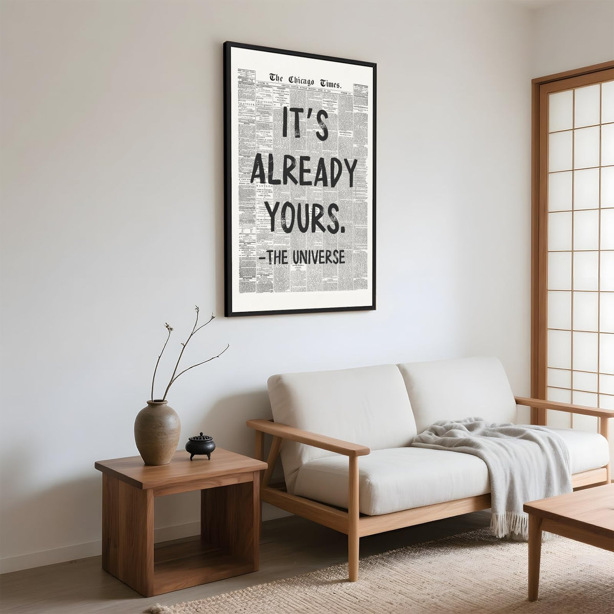 Framed Black And White Retro Newspaper Wall Art ItS Already Yours Universe Quote Poster Trendy Positive Inspirational Wall Decor for Bedroom Office Apartment Dorm Affirmation Canvas Print 8x12inch