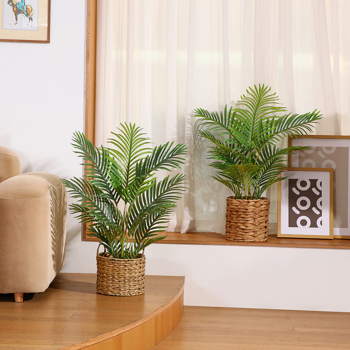 LOMANTO Fake Majesty Palm Plant 3Ft Artificial Tree for Home Decor Indoor Small Faux Trees in Pot Fake Tropical Plants for Housewarming 2Pack