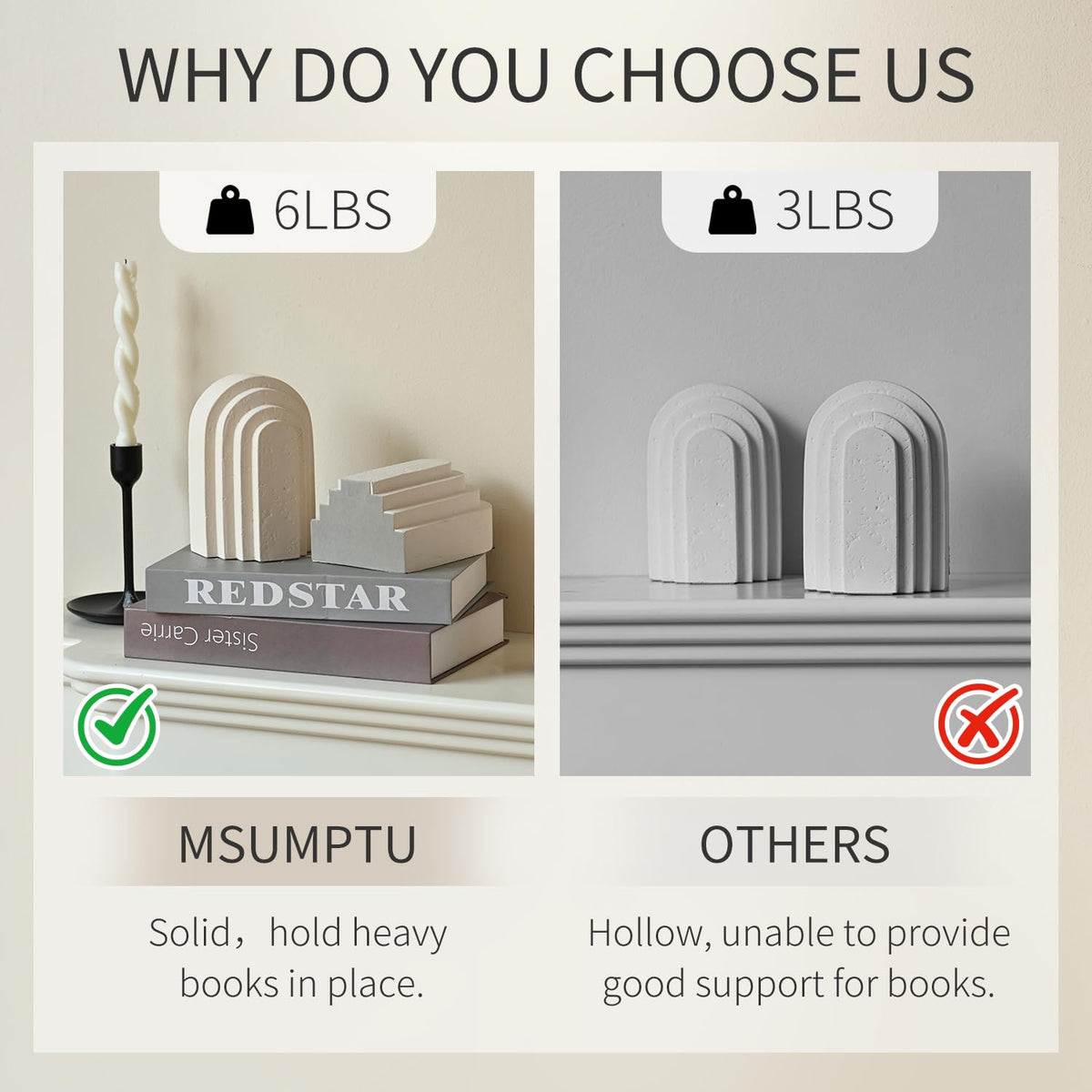 Decorative Bookends for Shelves, Set of 2 Book Ends for Heavy Books, Layered Arch Design Beige Bookend