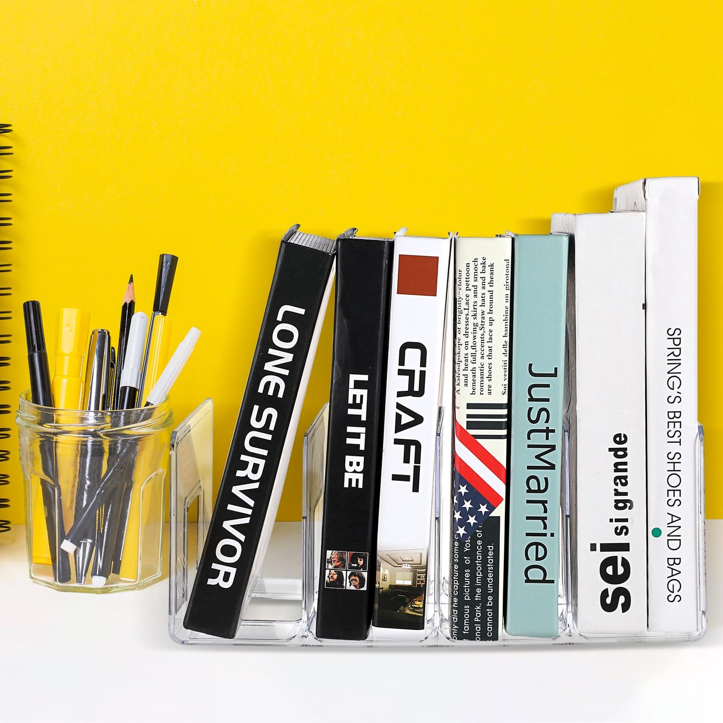 Lemecima 4 Pack Acrylic File Sorter, 4-Section Clear Desktop File Folder Holder Organizer, Thick Office Storage Stand Rack for Book, Envelopes, Mail, Document, Notebook, Binder, Purse, Clutch Divider