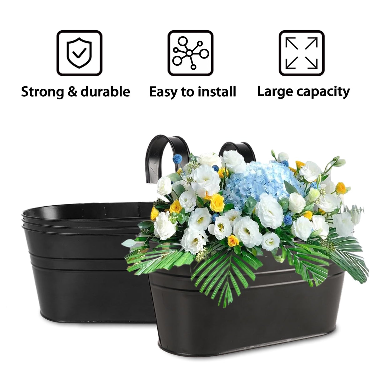 FUFUUIQY 4 Pack Metal Iron Hanging Flower Pots 11 Inch Railing Fence Hanging Bucket Pots with Detachable Hooks Countryside Style Window Railing Planter Box for Garden Balcony Outdoor Decors(Black)