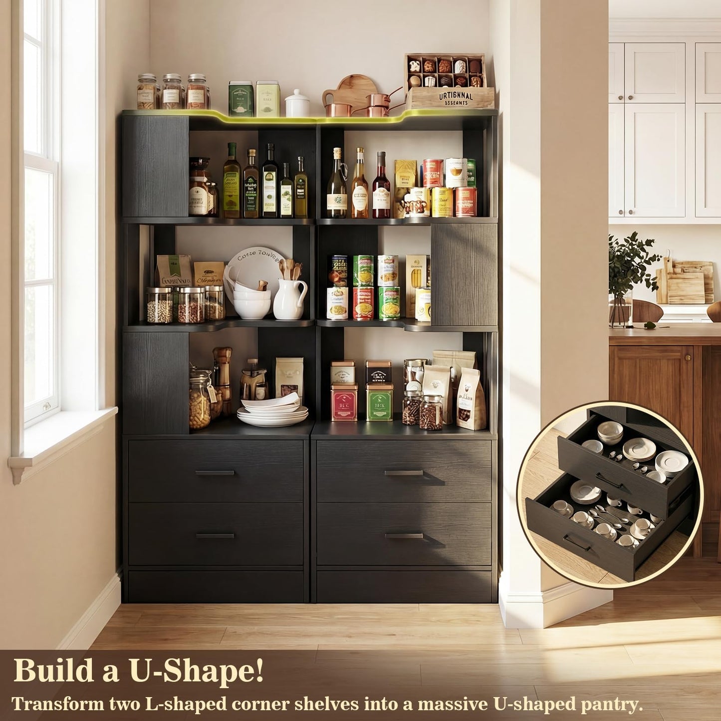 Armocity Corner Bookshelf with Drawers, 6 Tier Corner Book Shelf Display Bookcase, Freestanding L Shaped Bookshelf for Bedroom, Living Room, Home Office, Black
