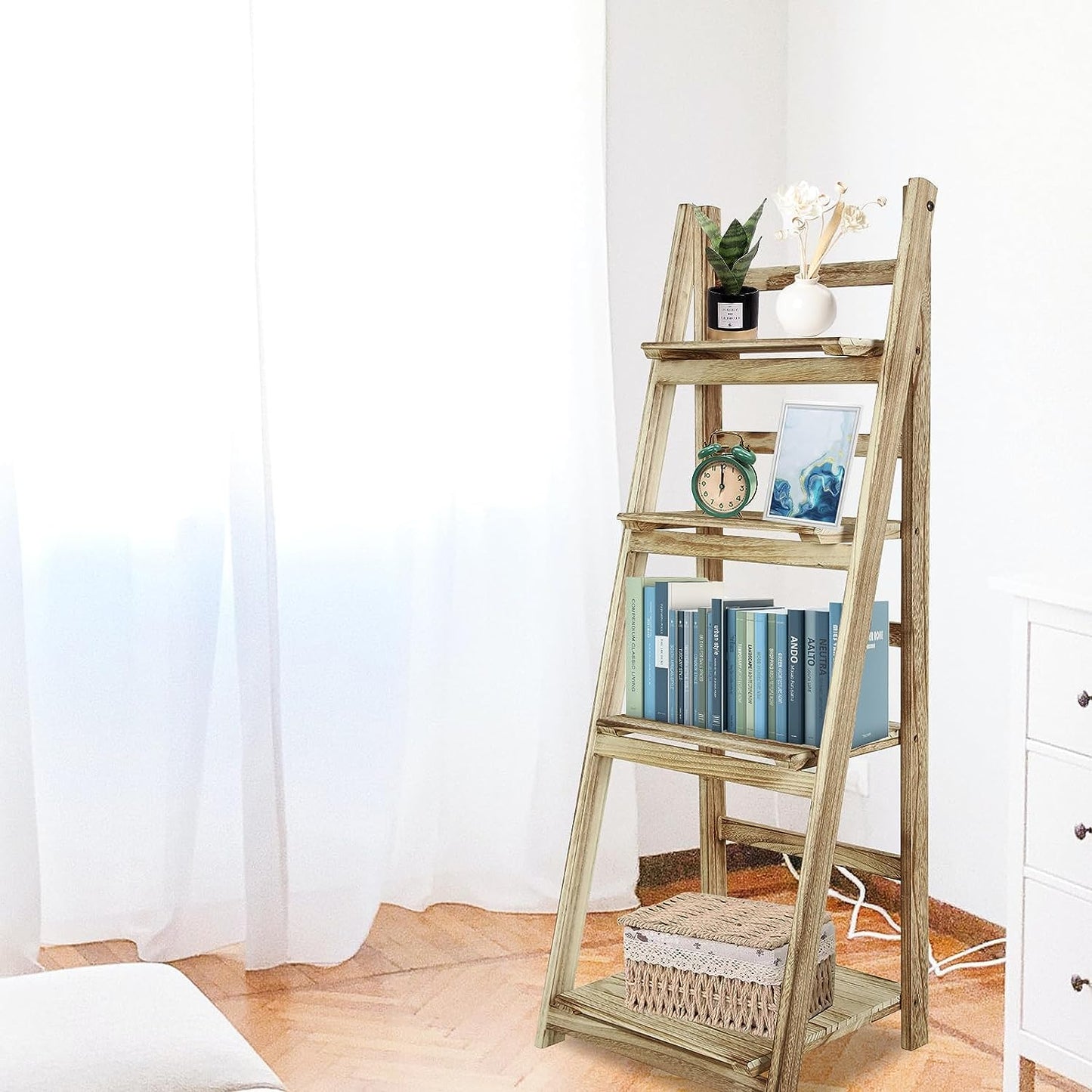 Wooden Ladder Shelf 4 Tier Bookshelf Foldable Storage Rack for Home, Bedroom, or Office (Natural Color)