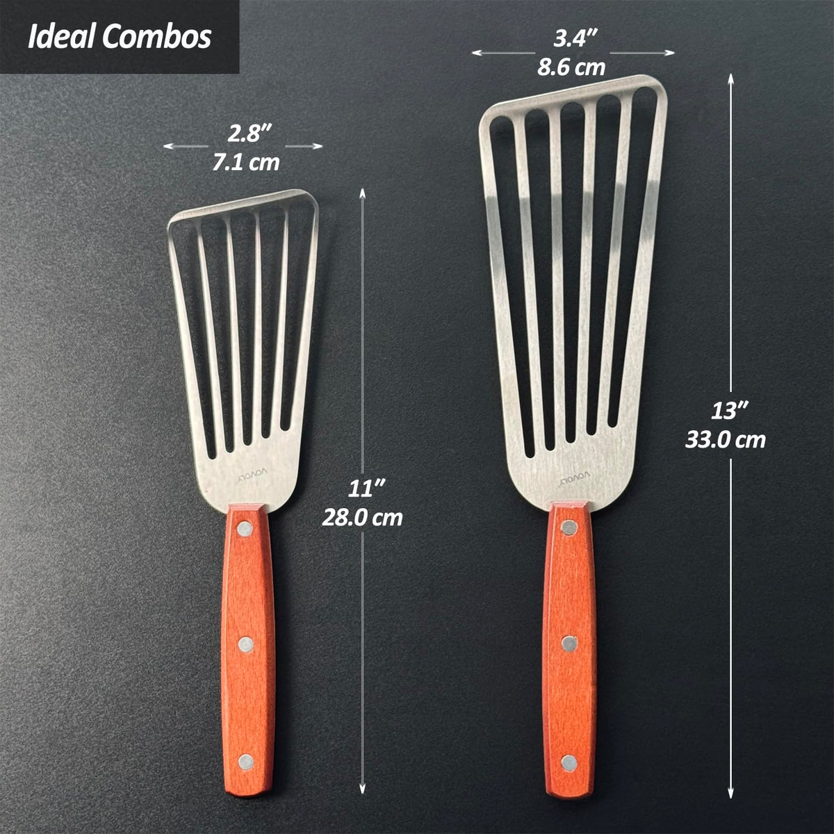 2 Pack Fish Spatula Turner, Stainless Steel Slotted Spatulas for Flipping, Turning, Frying & Grilling, 3"x6"+4"x8" Metal Slotted Spatulas, Wooden Full Tang Handle & Curved Blade