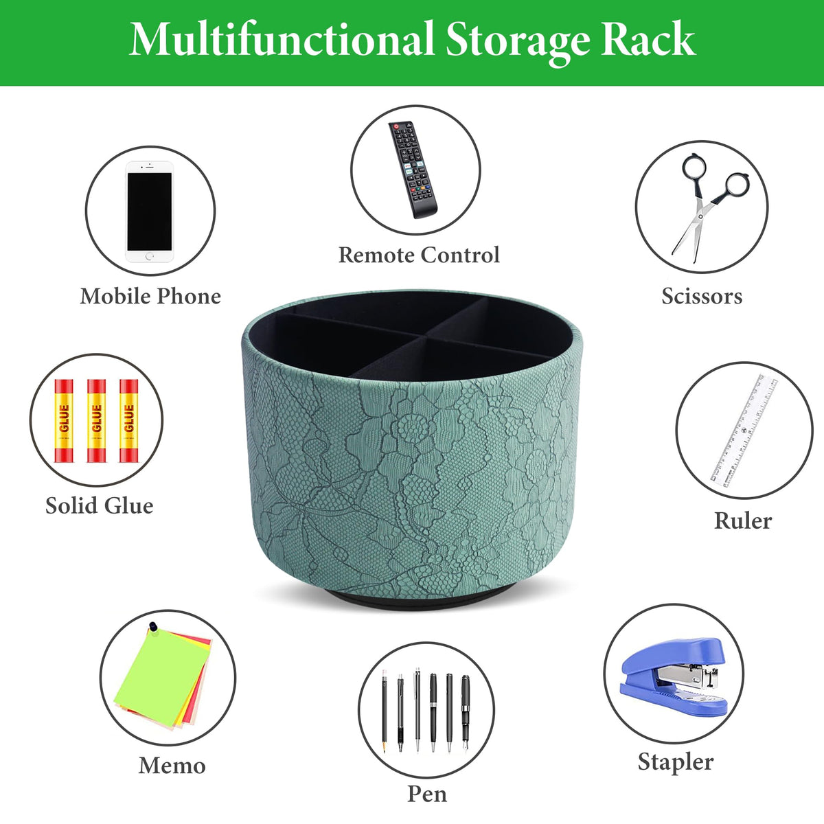Lvkjafaz Round Leather Art Supply Organizer,Remote Control Holder,360 Degree Spinning,Multi-Functional Pencil Holder,4 Compartments Desktop Stationary Organizer(1-Lace Flower Green2)