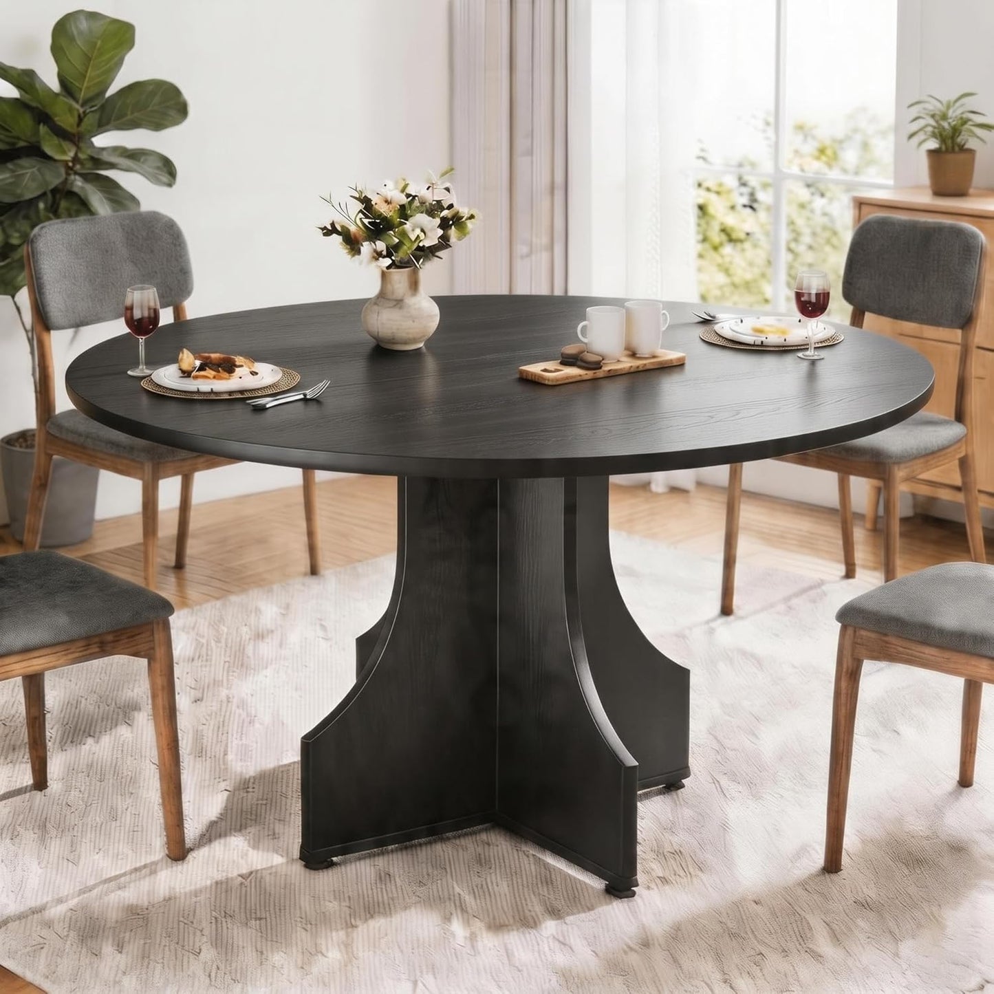 Round Dining Table 47 Inch for 4-6 People, 0.98 Inch Thick Tabletop with Adjustable Feet, Sturdy Legs, Easy to Clean & Assemble, Modern Kitchen Dining Room Table for Small Space Apartment, Black