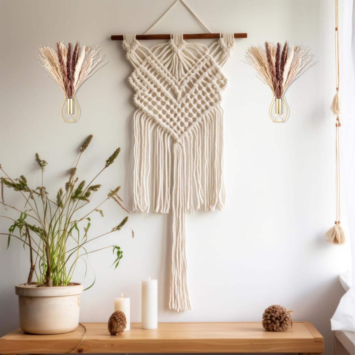 Otoolling Boho Wall Decor Set of 2 – Metal Hanging Wall Art with Faux Pampas or Eucalyptus,Minimalist Bohemian Accent for Living Room, Bedroom, Entryway(Gold,Pampas)