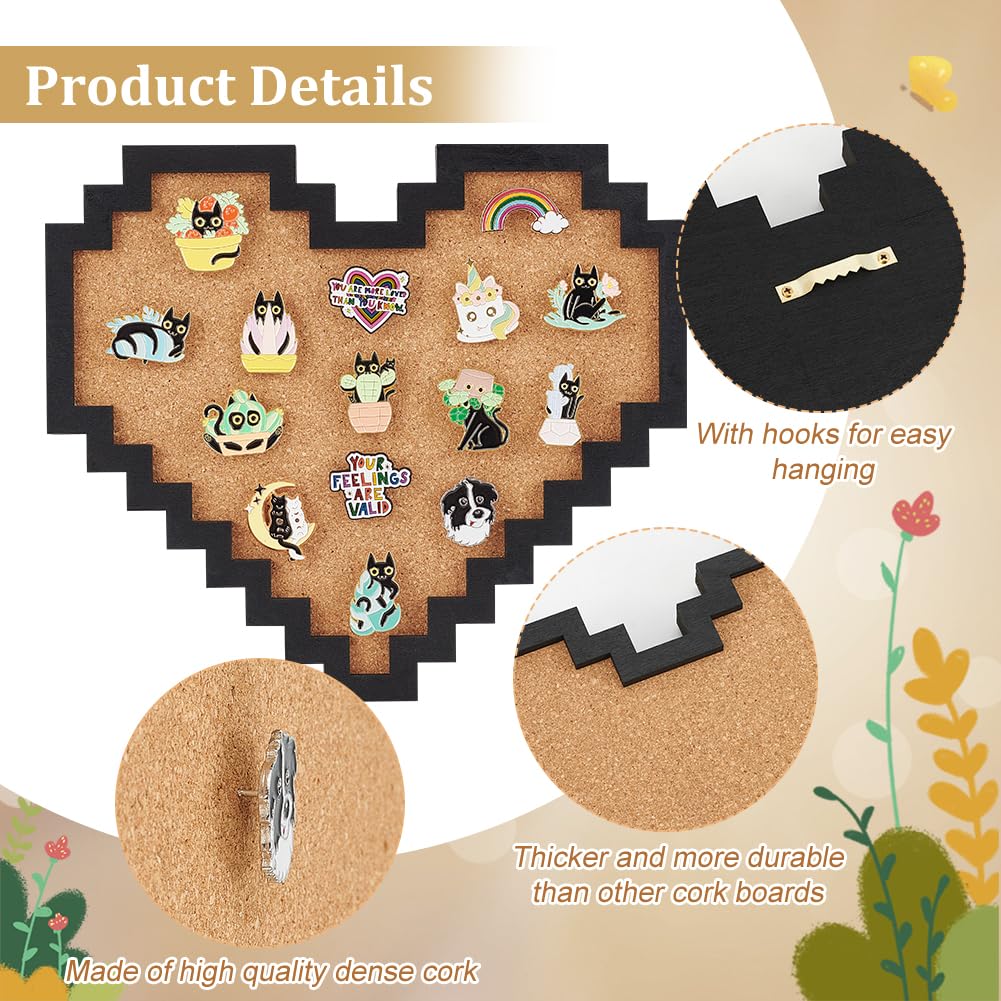 BENECREAT Pin Board Pixel Heart Cork Board, 0.8inch Thick Wall Mounted Cork Board Bulletin Display Board for Brooch Pin Storage, Office Home Festival Home Decor, 9x7.9inch