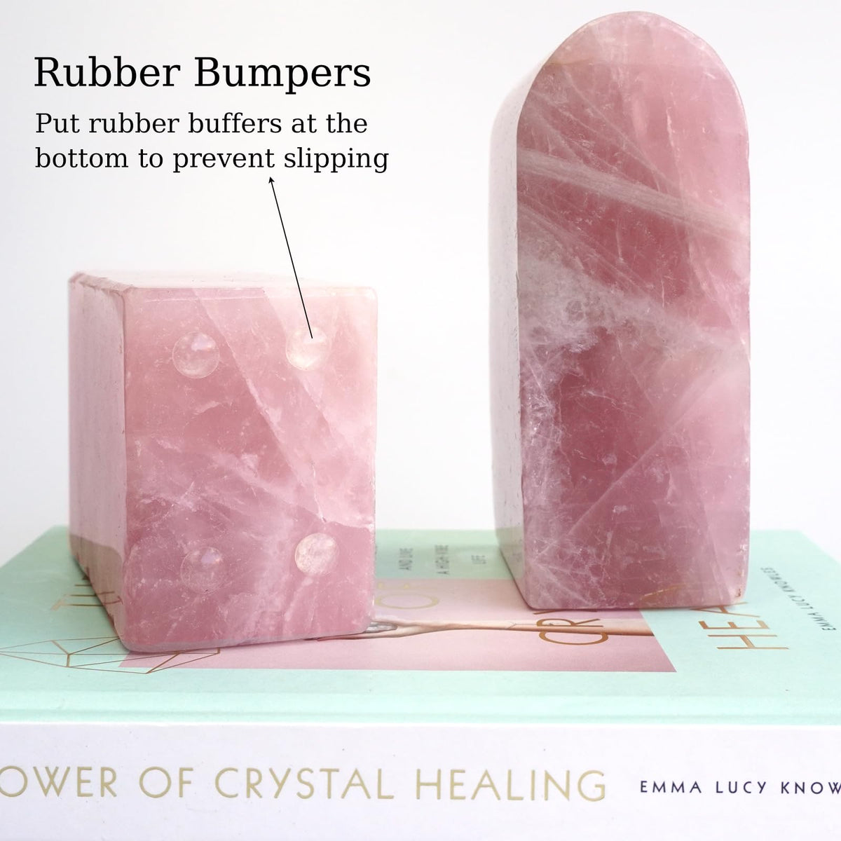 Sisamn Natural Rose Quartz Bookends 3.5-4 lbs Pink Crystal Stone Decorative Bookends with Non-Slip Bumpers for Home and Office Decor