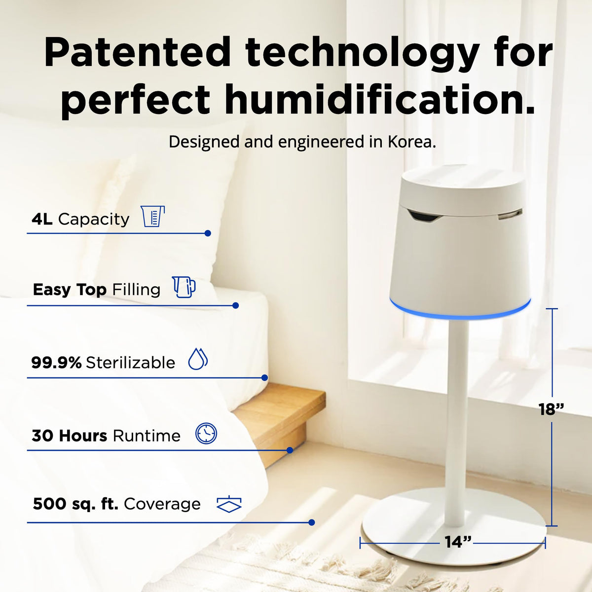 Carepod One Plus with Stand - Stainless Steel Humidifier for Large Room with Mood Light, Quiet & Safe for Baby, Only 3 Washable Parts, Easy to Clean Ultrasonic Cool Mist Humidifiers for 30Hrs, 1Gal/4L