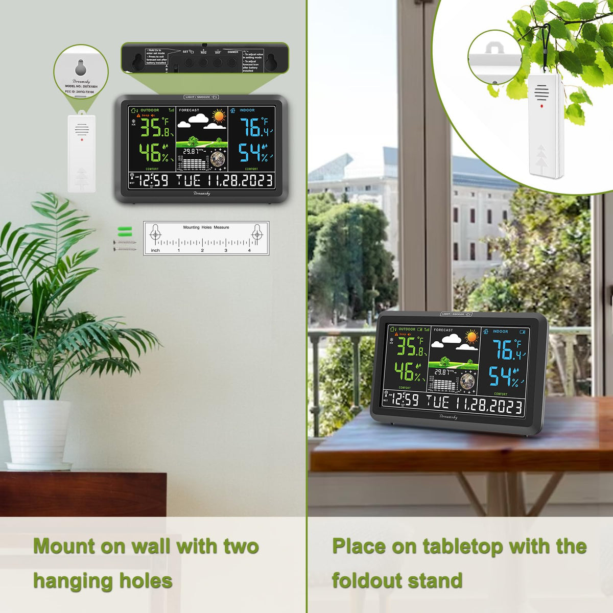 DreamSky Weather Station Indoor Outdoor Thermometer Wireless with Digital Atomic Clock for Home, Large Display with Dimmer, USB Port, Inside Outside Temperature Humidity Monitor (Plug-in)
