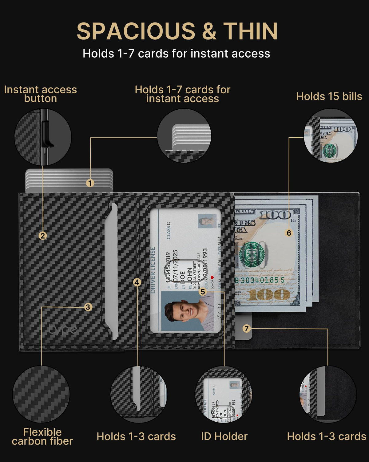 typecase Mens Wallet Card Holder: Pop Up Aluminum Case, Genuine Leather, Smart, RFID Blocking, Slim, Minimalist, Front Pocket - 9-14 Card Capacity | ID Window | Cash Slot (Carbon Fiber)