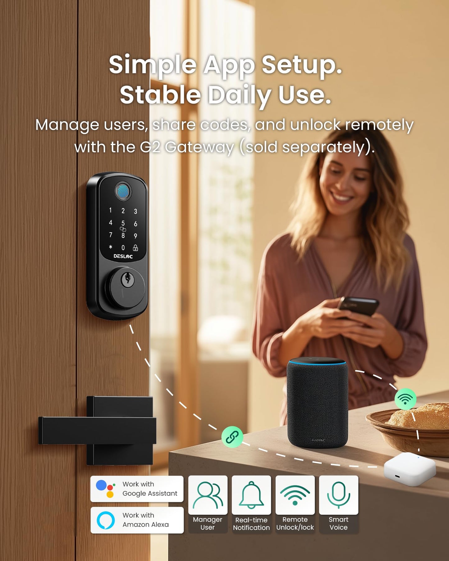 DESLOC B200 Fingerprint Smart Lock with 2 Lever Handles, Keyless Entry Front Door Lock Set, Electronic Keypad Deadbolt, App Control, Auto Lock, Long Battery Life, Secure Home Access