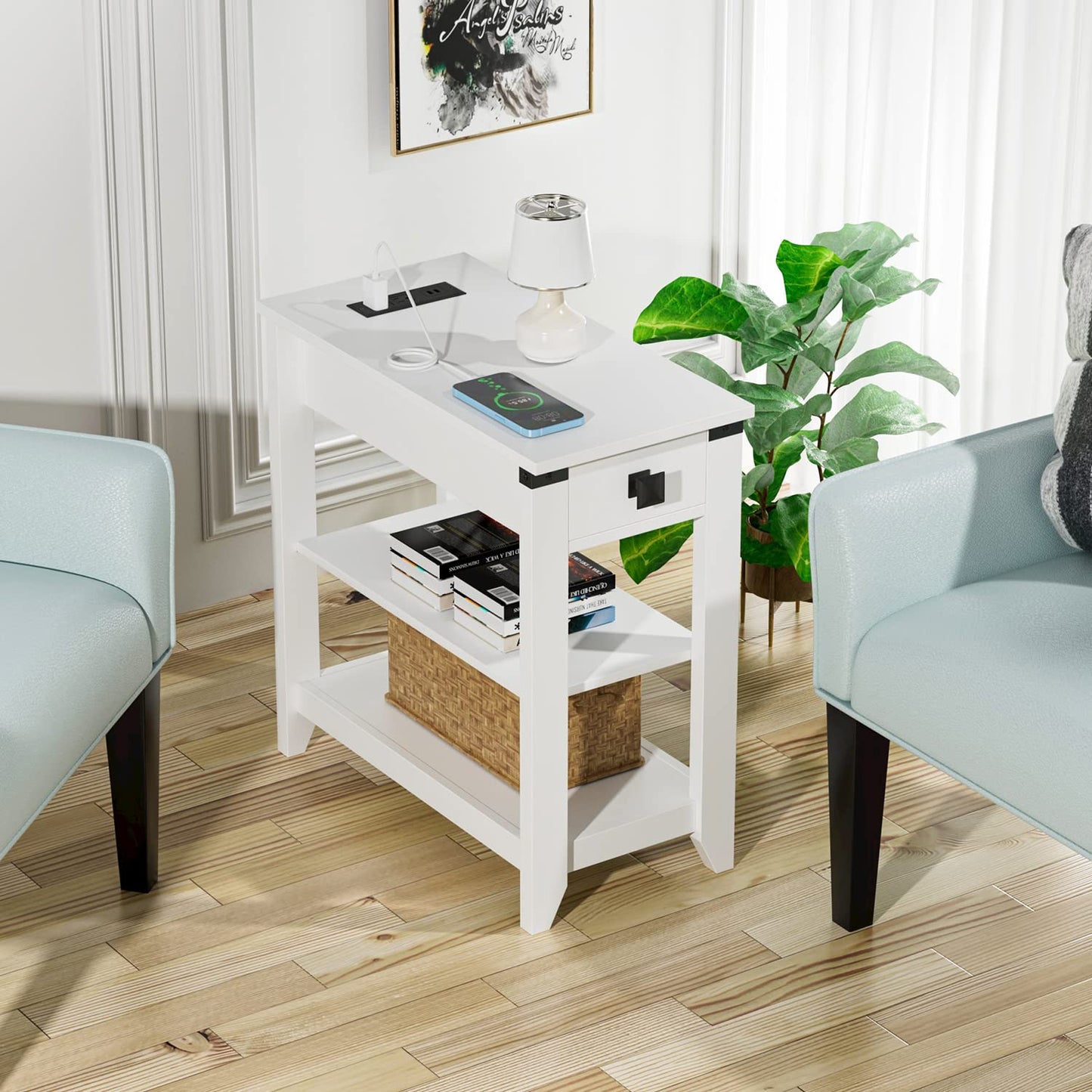 HOSEOKA Narrow End Table with Charging Station, Side Table with USB Ports and Outlets, Nightstand for Small Spaces, Slim Sofa Side Table with Storage Drawer for Living Room, Bedroom, White
