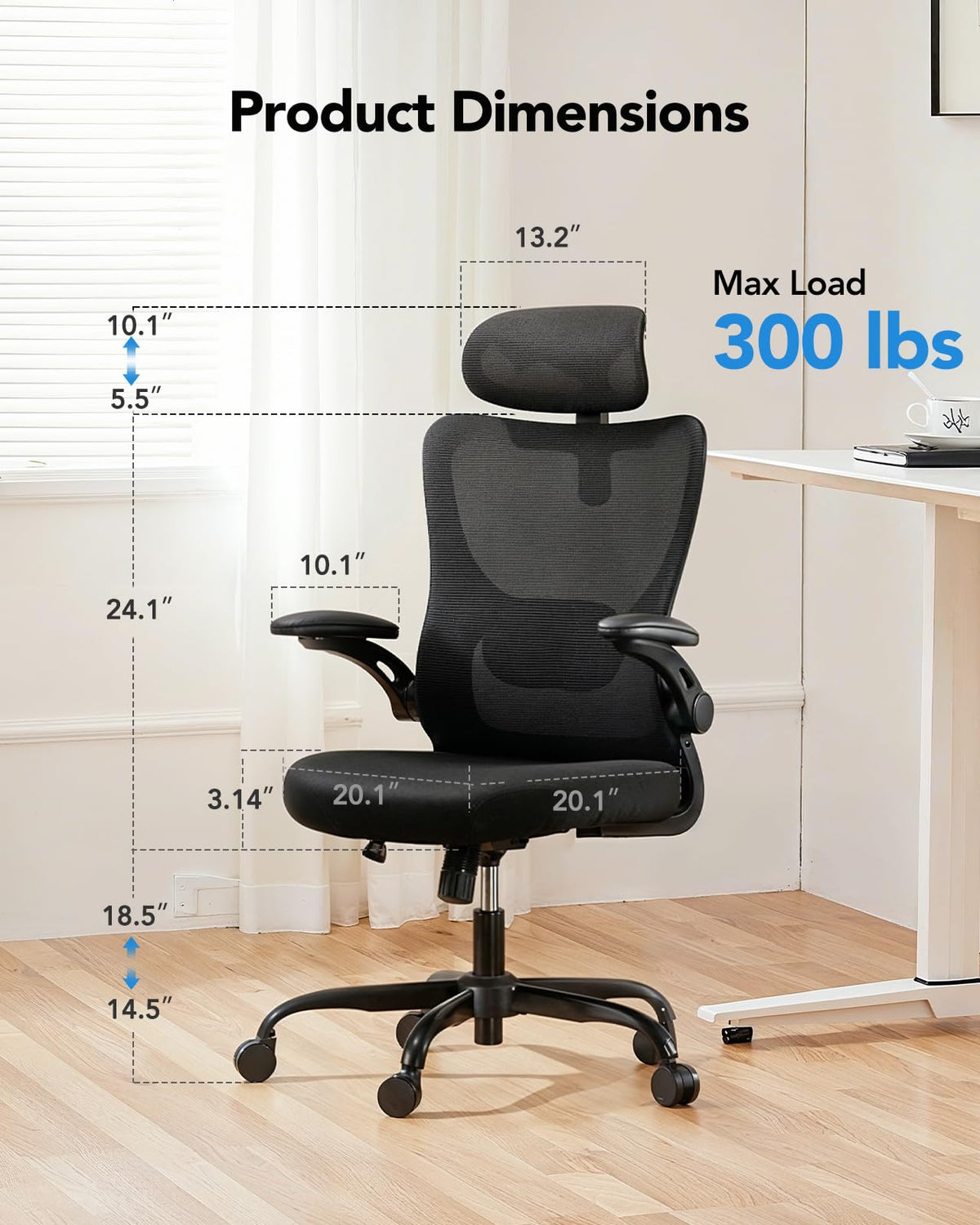 HUANUO Ergonomic Office Chair, High Back Computer Desk Chair with Adjustable Lumbar Support and Headrest, Comfy Gaming Chair with 3D Armrests, Home Office Rolling Chair, Max Load 300 lbs