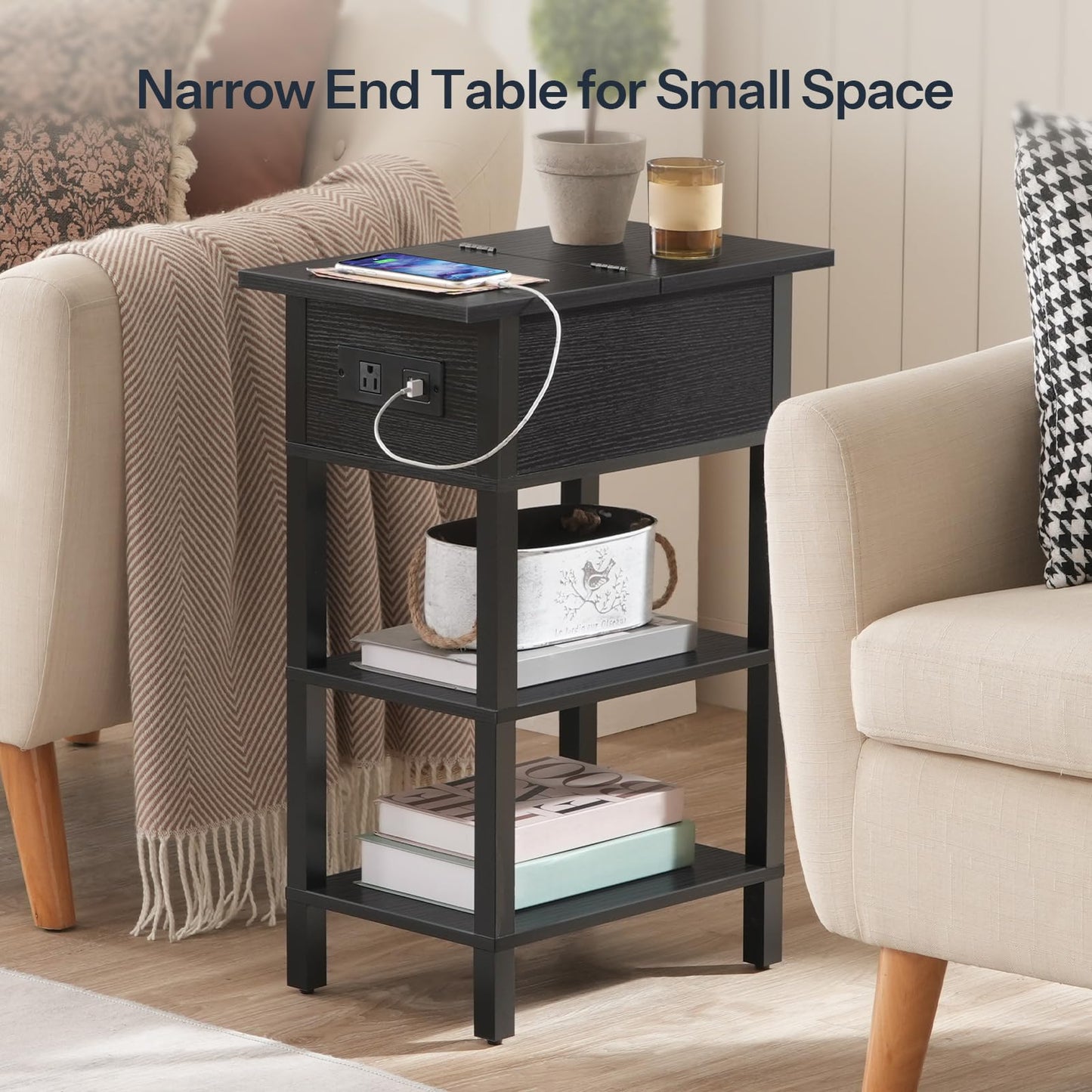 HOOBRO End Table with Charging Station, Flip Top Side Table with USB Ports, Narrow Nightstand Bedside Tables with Storage Shelves, for Small Space, Living Room, Black BK141UBZ01