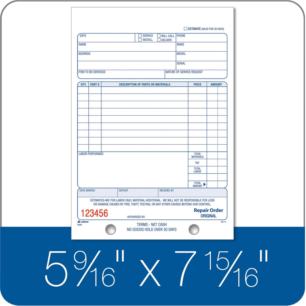 Adams Repair Order Book, 3-Part Carbonless, White/White/White, 5-9/16 x 8-7/16 Inches, 50 Sets (T5084)