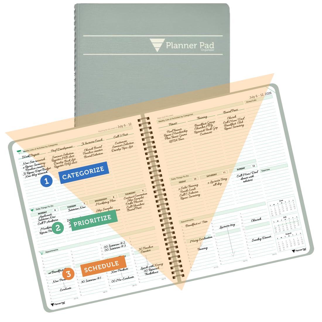 Planner Pad Spiral Bound July 2026 - June 2027 / Academic Year 6 3/4" x 8 1/2" Medium 3-Tier Funnel Down 12 Month Organizer, Greenish Grey Cover/Soft Green Ink