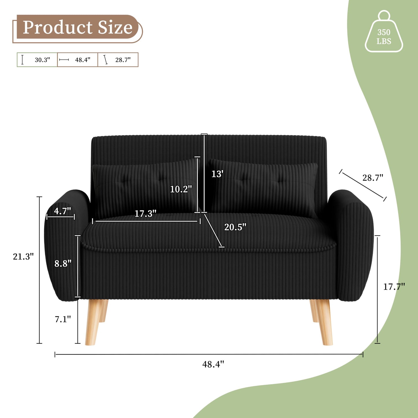 Vongrasig 48" Small Modern Loveseat Sofa, Mid Century Soft Corduroy Fabric 2-Seat Sofa Couch Tufted Love Seat with Back Cushions and Tapered Legs for Living Room, Bedroom and Small Space (Black)