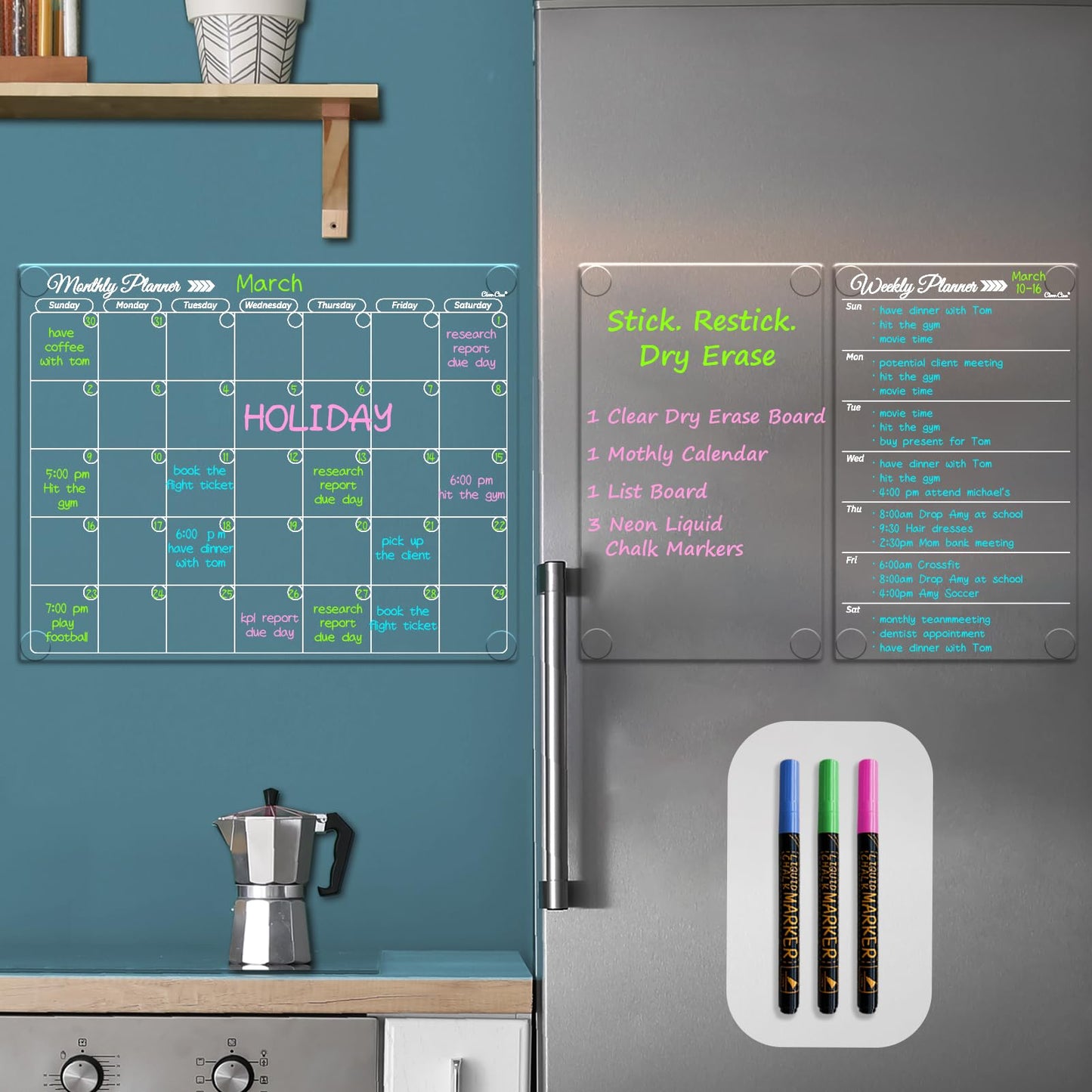 Clear Non-Magnetic Calendar Set for Fridge - Dry Erase Transparent Monthly, Weekly Calendar and Blank Board - Sticks to Wall, Glass, Door, Any Smooth Surfaces