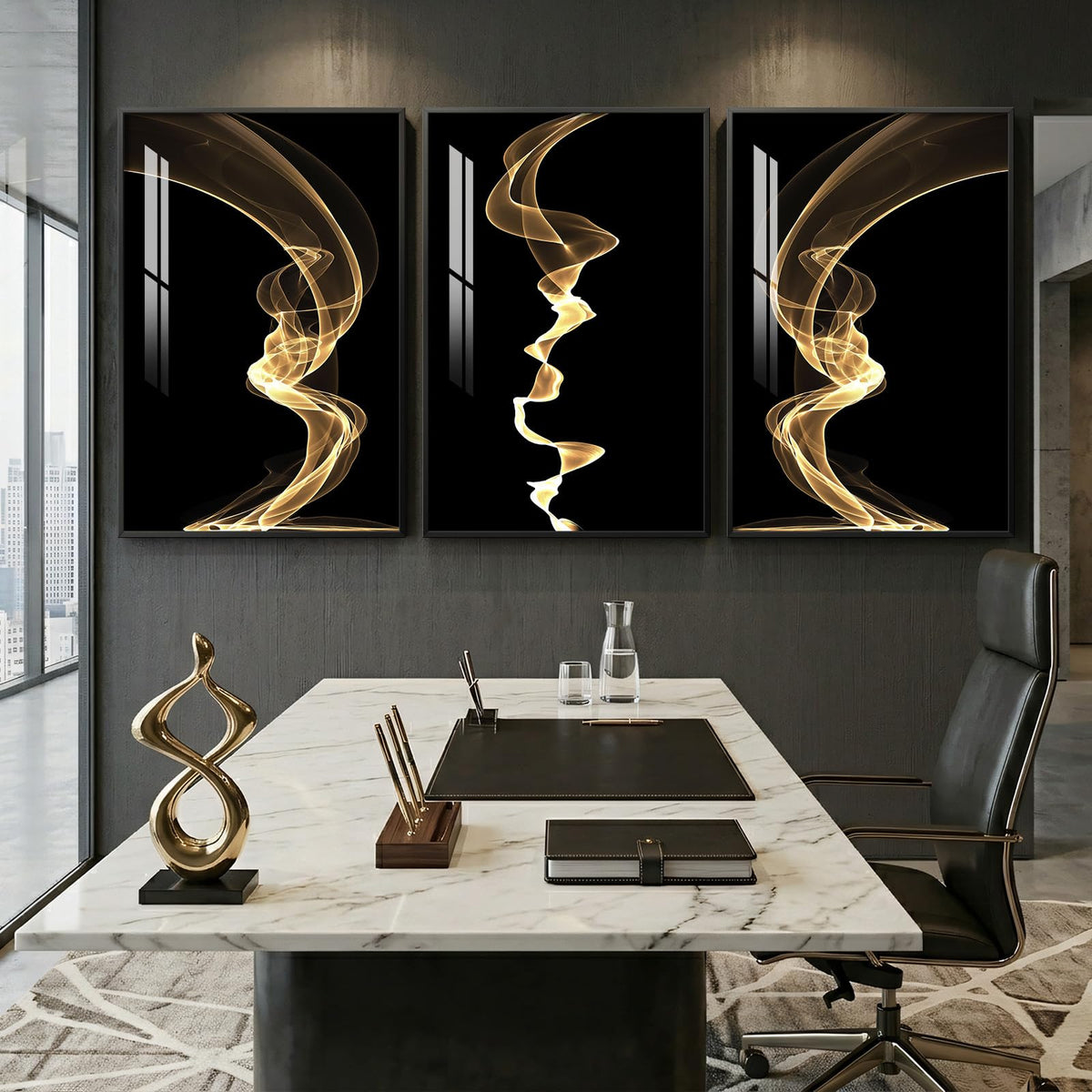 3 Piece Large Framed Abstract Wall Art for Living Room, Black and Gold Modern Artwork for Walls, Contemporary Luxury Bright Style Pictures Prints Paintings for Hallway Office Wall Decor 24x36 Inch