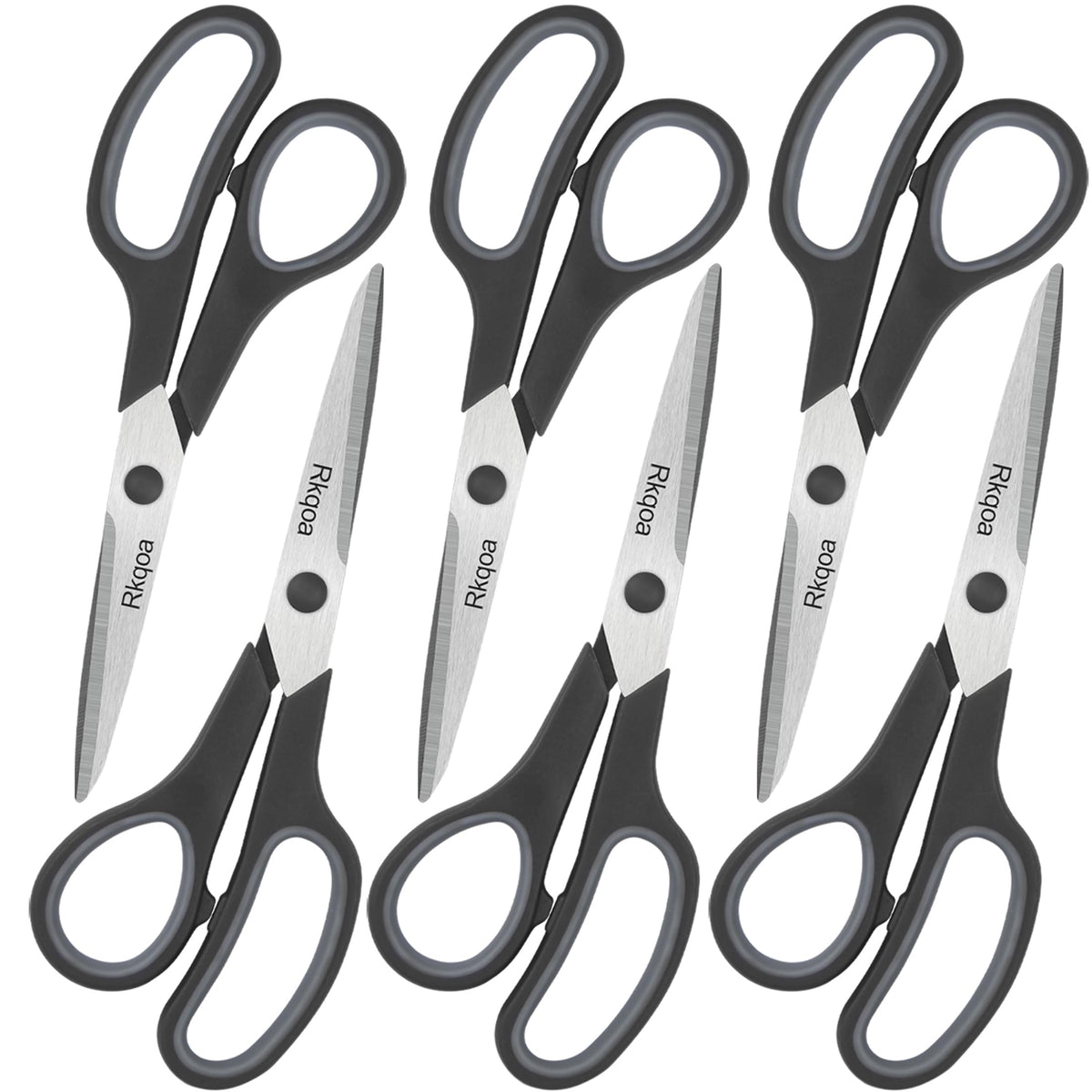 Black 6 Scissors Pack, Rkqoa 8" All Purpose Scissor - High Performance and Designed for Everyday use, Stainless Steel Shears Set with Comfort-Grip, Right/Left Handed