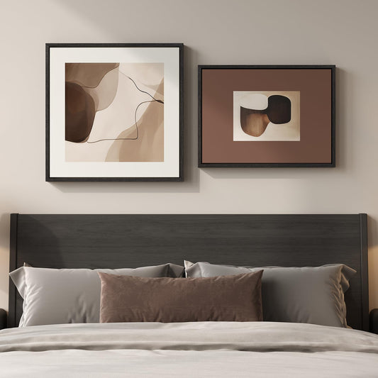Framed Neutral Abstract Wall Art Set of 2 Bedroom, Minimalist Mid Century Modern Brown Canvas Artwork for Walls, Contemporary Print Earth Tone Wall Decor for Living Room Home Office, 24x24 & 24x18 In