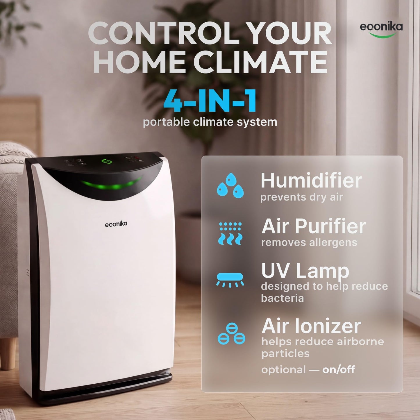4 in 1 Humidifier and Air Purifier in One Large Room HEPA Air Purifier Humidifier Combo with UV Light, Whole House Large Room Cleaner Up to 1,035 Sq Ft