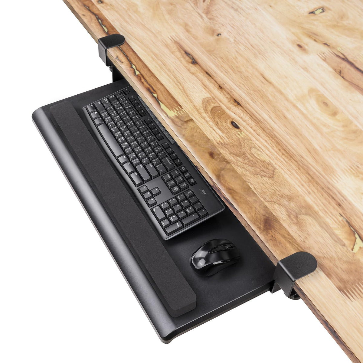 EHO Large Ergonomic C-Clamp Keyboard Tray Mount Under Desk with Wrist Rest, Slide-Out Platform 27.5" (31.8" Including Clamps) x 12.5", Pull Out Keyboard & Mouse Tray for Home or Office, Black