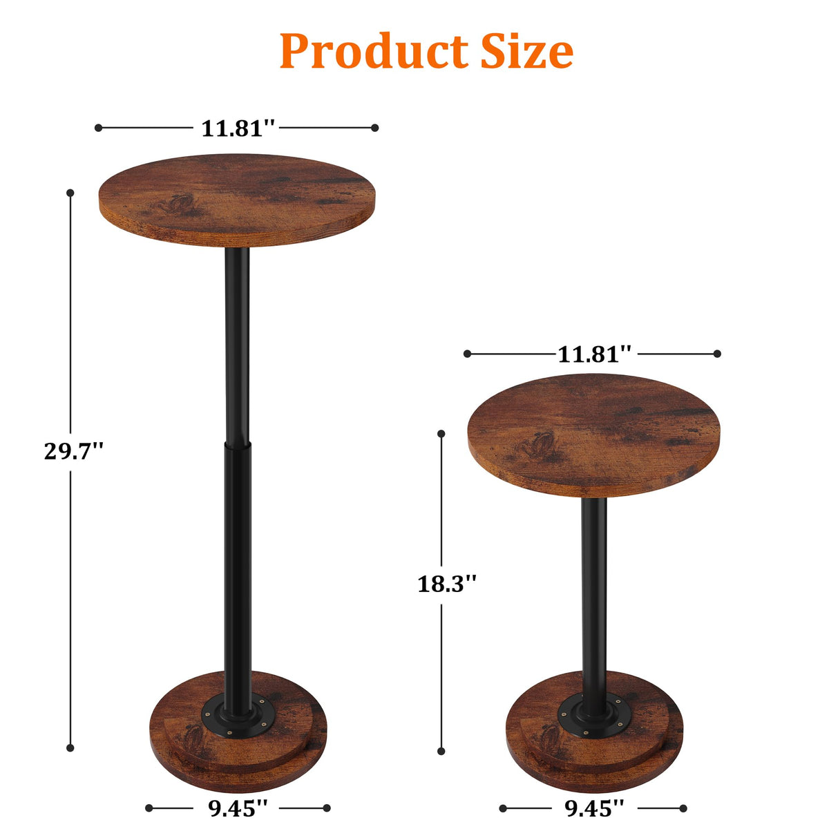 Jchccu Drink Table, Small Side Table with Adjustable Height & Heavy-Duty Design, Pedestal Martini Tables for Small Spaces, Sofa Couch, Living Room, Bedroom, Supports up to 88 lbs, Rustic Brown