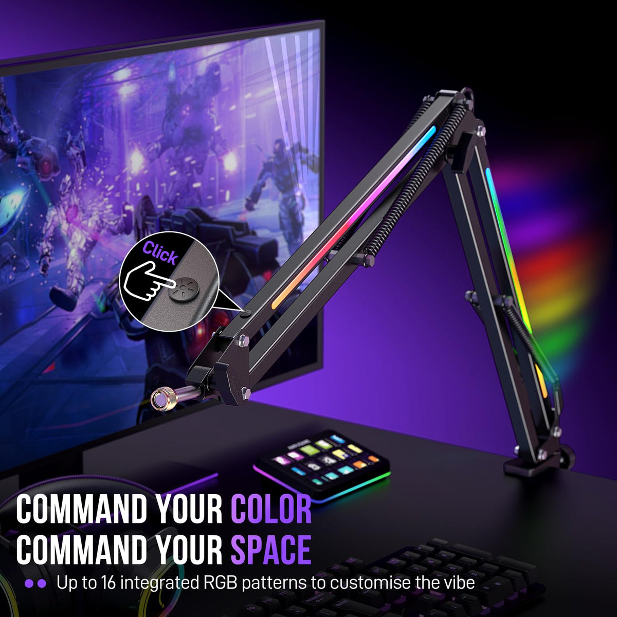 FIFINE Microphone Boom Arm, Metal Adjustable Mic Arm Stand with RGB Control, 3/8” to 5/8” Screw Adapter, Desk Mount Clamp, Suspension Scissor Mic Stand for Gaming Streaming Podcast-AmpliGame BM38