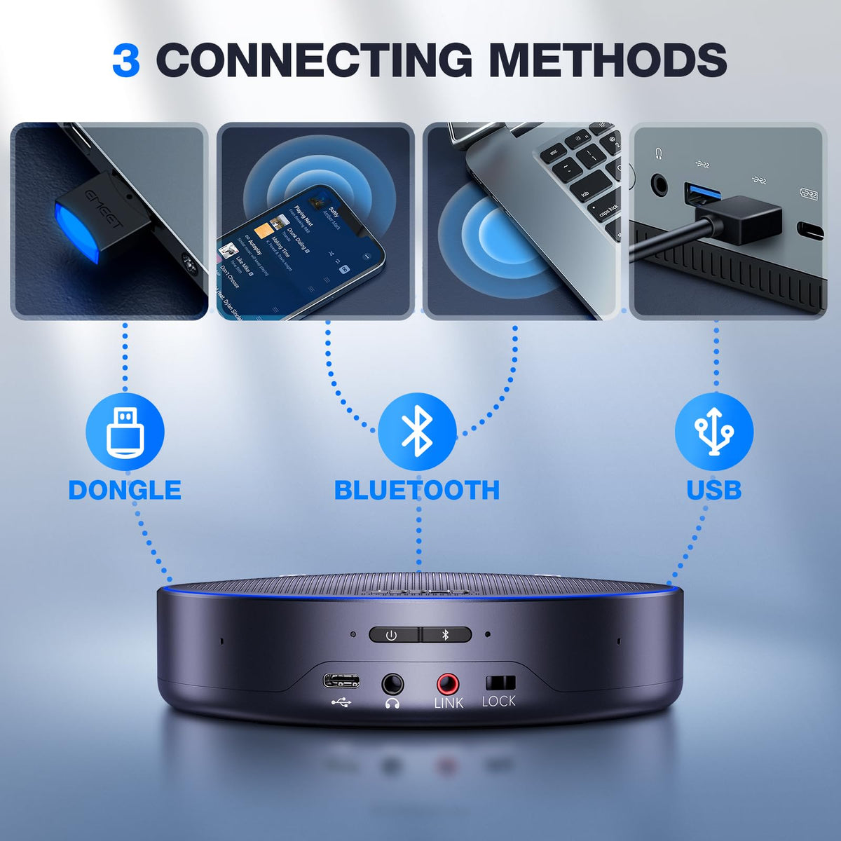 EMEET M3 Conference Speaker and Microphone, Zoom Certified Bluetooth Speakerphone with 4 AI Mics 360° Voice Pickup, 18H Talk Time, USB 2.0&Bluetooth 5.0 with Daisy Chain for 20 People for Zoom Teams