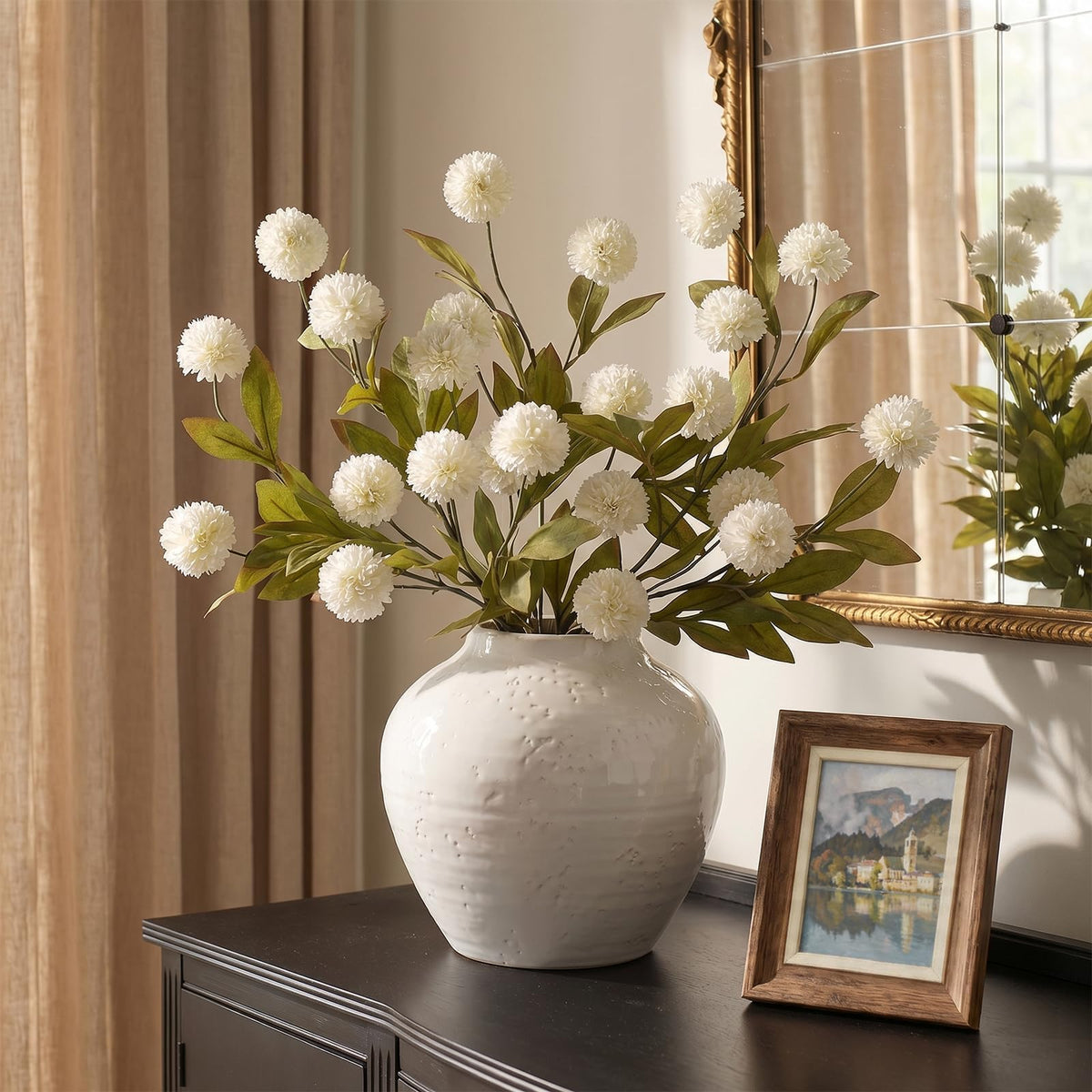 Juxdp 6 PCS Artificial Pompon Mum Branches for Vase - 27" Fake Silk Chrysanth Stems Look Real Faux Flowers for DIY Bouquet, Table Centerpieces, Farmhouse, Home Decor (Cream)