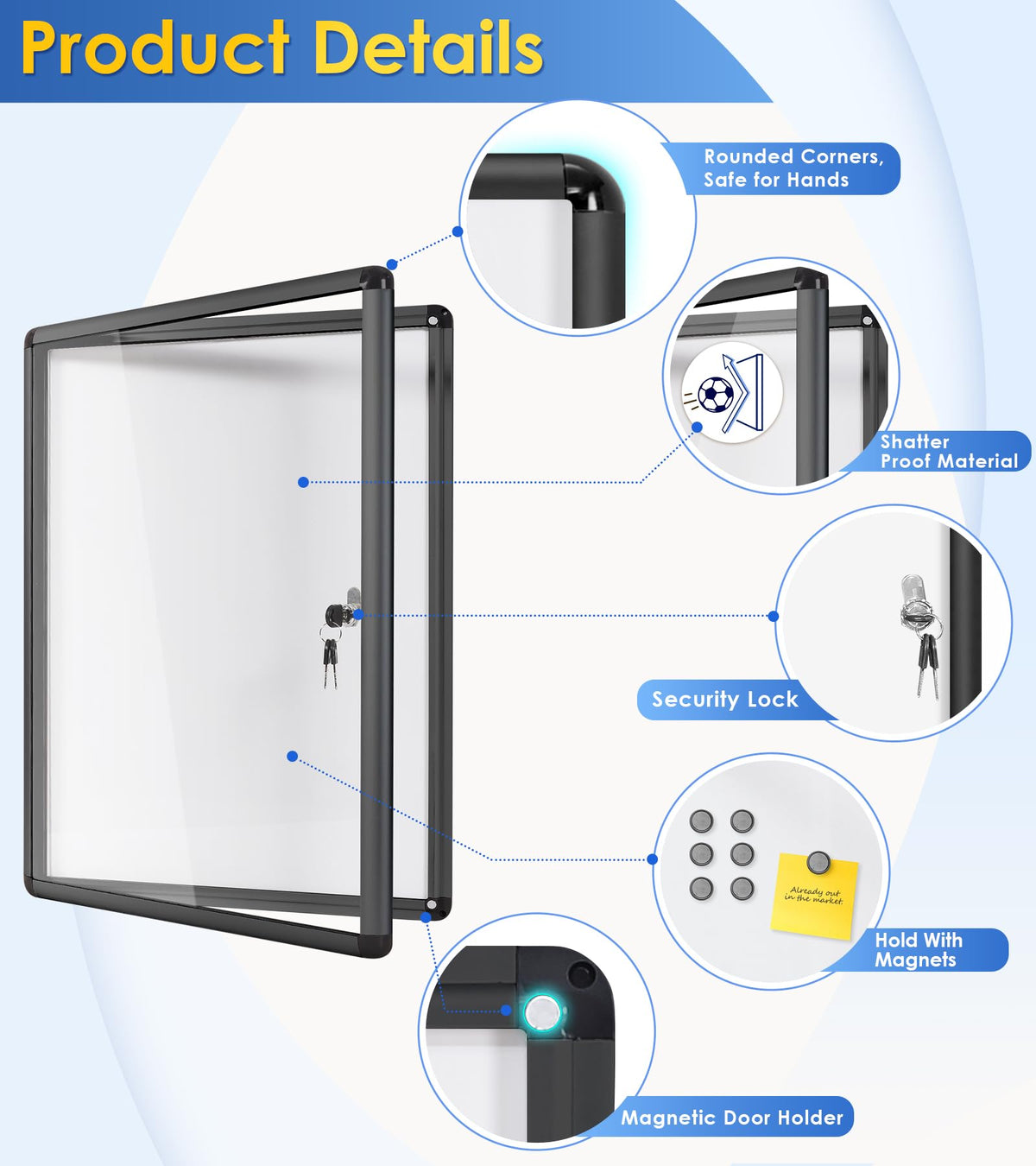 SWANCROWN Enclosed Notice Board Magnetic Bulletin Boards for Office with Locking Door,Black Frame, 26x20in (4XA4)