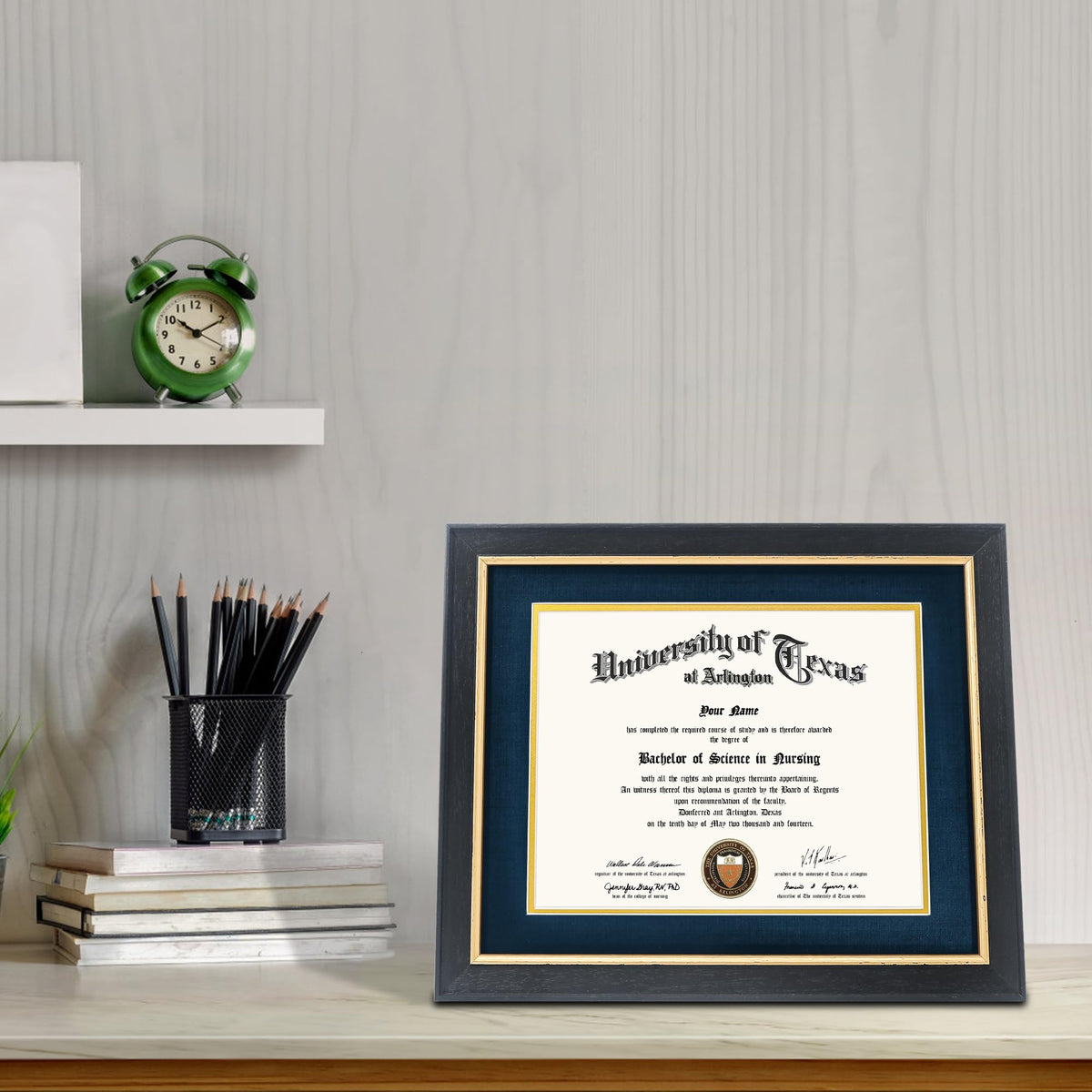 GMFrames 8.5x11 Wood Diploma Frame with Navy Mat or Display 11x14 Certificates without Mat,Tempered Glass,Rustic Black Finish with Gold Trim