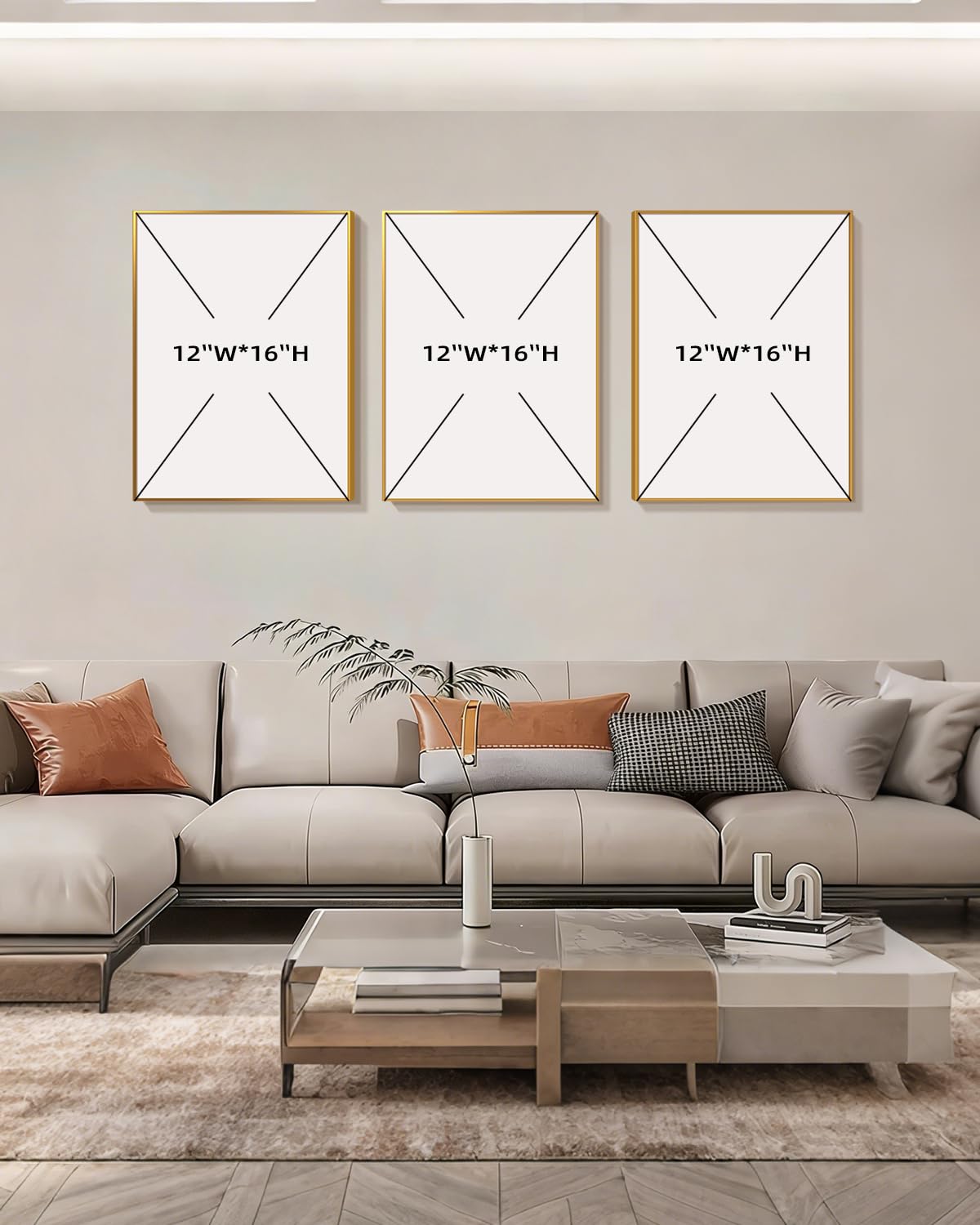 Azartslr Large Framed Modern Rose Gold Wall Art, Luxury 3 Pieces Aluminum Alloy Wall Decor for Living Room, Abstract Gold and Beige Home Bedroom Art Painting, Geometric Crystal Porcelain Artwork Dining Room Pictures Decoration 12x16in