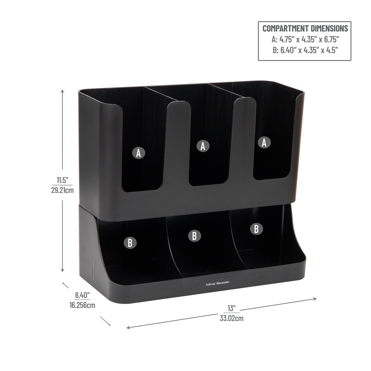 Mind Reader Cup and Condiment Station, 13 Inch Countertop Coffee Bar Organizer with 6 Compartments, Storage Caddy for Cups, Lids and Packets, Plastic, Black
