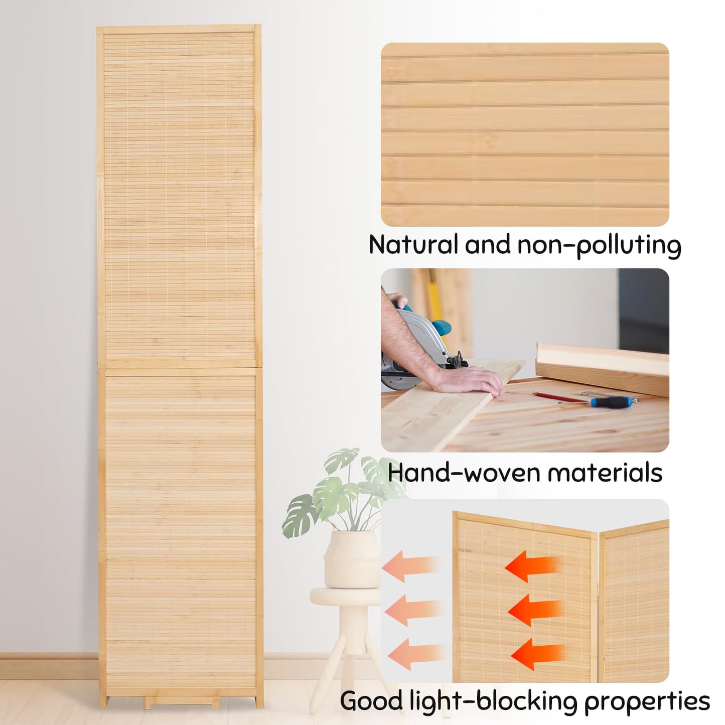 JVVMNJLK Room Divider, 5.6 FT Tall Folding Privacy Screen, Partition Divider for Room Separation, Portable Freestanding Wall Divider for Room, Bamboo Mesh Woven Design, (Beige, BM-6-Panel 67”)