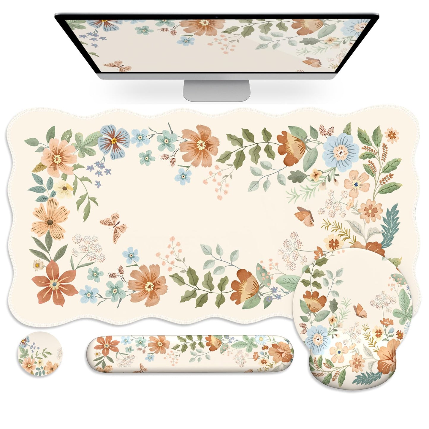 Anyshock Scalloped Office Desk Cover Mat+Keyboard Wrist Rest+Mouse Wrist Rest+Coaster Set,Scalloped Desktop mat for Teacher Desk Cover,Pastel Home Office Essentials