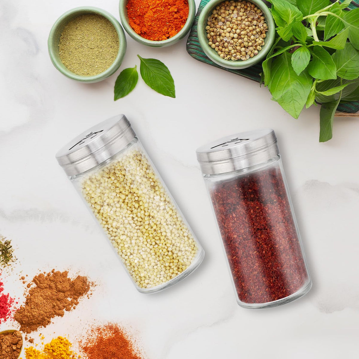 Segarty Spice Jar, 3 Pack 4 oz Glass Spice Jars with Shaker Lids, Clear Seasoning Organizer Spice Containers with Adjustable Pour Holes for Kitchen Cabinet, Salt Shakers with Stainless Lid