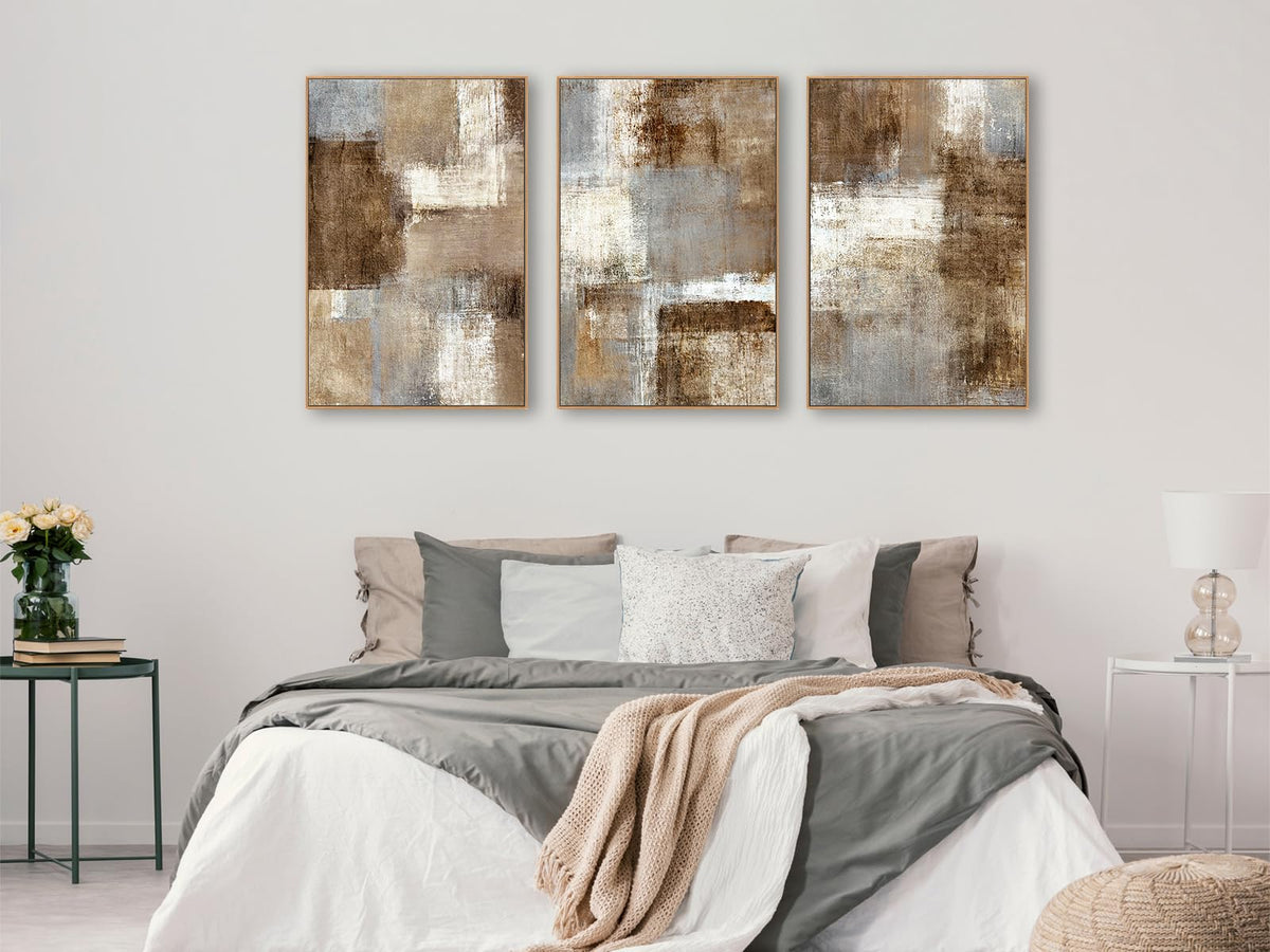 Large Abstract Framed Wall Art - Natural Float Framed Canvas Pictures Wall Art Prints for Living Room Decor Rustic Artwork Brown for Bedroom Kitchen Home Office Decoration 72" X 36" Set of 3