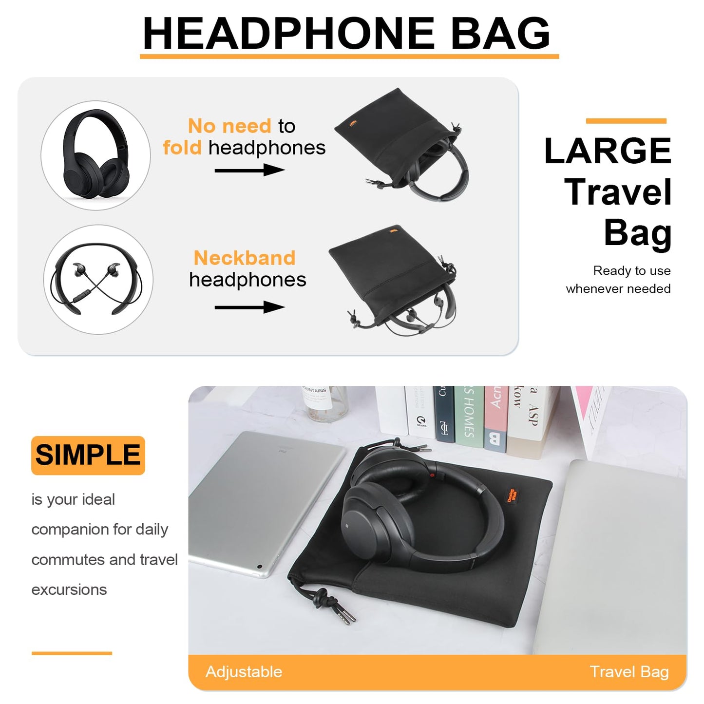 Desing Wish Lightweight Headphone Storage Bag, Portable Headset Carrying Pouch Headphone Case Bag Soft Travel Pouch for Over-Ear Headphones/Gaming Headsets/Neckband Earbuds (Large Black)