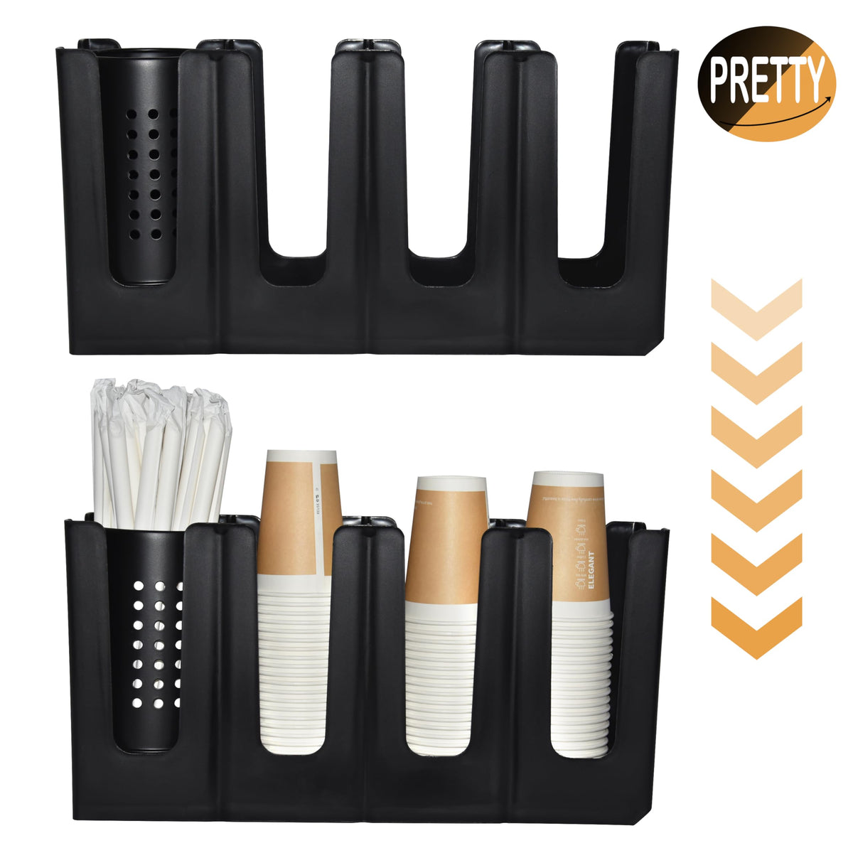 Cup Holder Lid Dispenser with Straw Organizer,4 Compartment 7 Adjusting,Disposable Paper Cup Storage Organizer for Breakroom Countertop Coffee Station Bar Restaurant Beverage Kitchen Coffee Truck