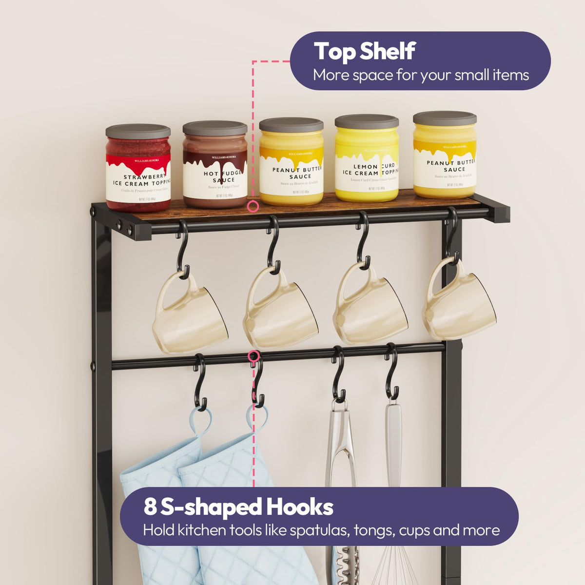 SWTYMIKI Bakers Rack with Storage - Coffee Bar Cabinet with Shelves, Coffee Station Organizer and Kitchen Stand with 8 Hooks, Baskets, Adjustable Feet for Kitchen Dining Room Pantry, Espresso