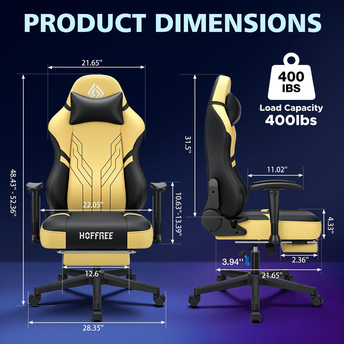 HOFFREE Gaming Chair with Footrest 160° Reclining Computer Chair with 15° Rocking Function Ergonomic Game Chairs for Adults 400lbs Home Office Compueter Desk Chair with 2D Armrests Yellow and Black