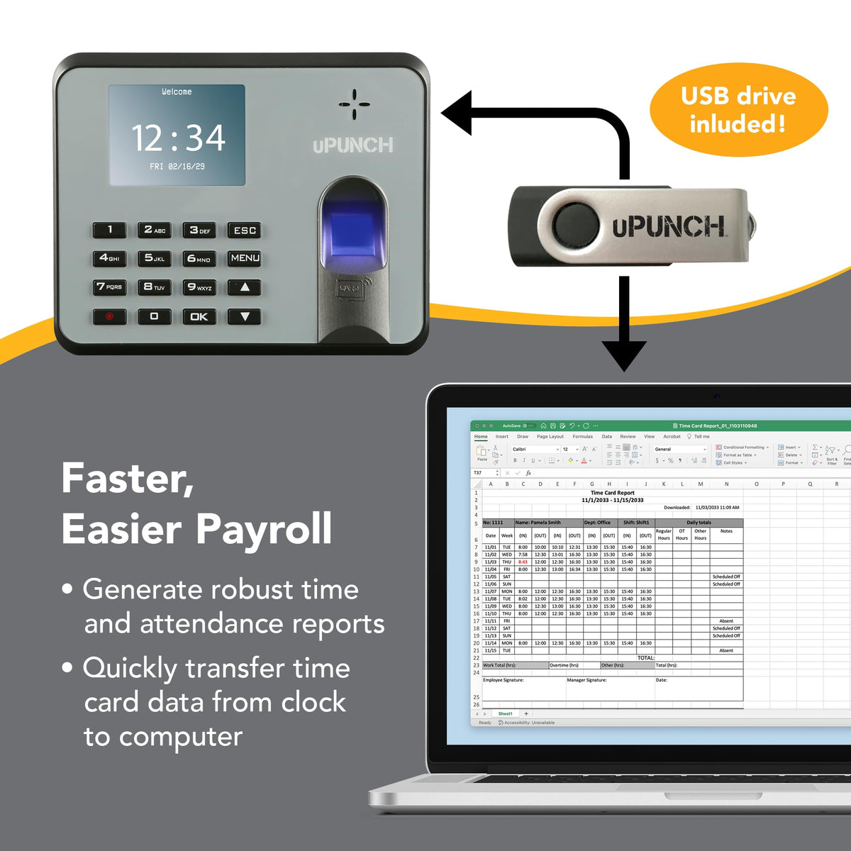 uPunch MK1000 Biometric Fingerprint/Proximity Time Clock for Employees | Small Business Time Tracking System with RFID, and PIN Options (No Monthly Fee)